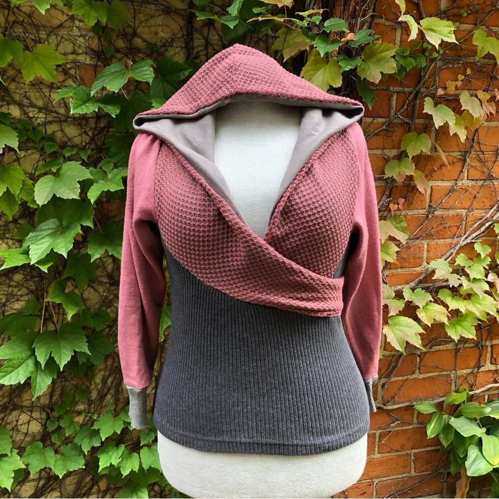 Pink Cotton Lace Upcycled Sweater Gray Hooded Embody Retro Streetwear La…